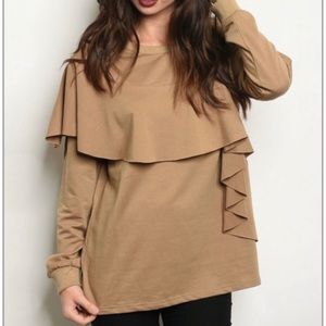 NWOT Very J Mocha Ruffle Sweatshirt Style Top